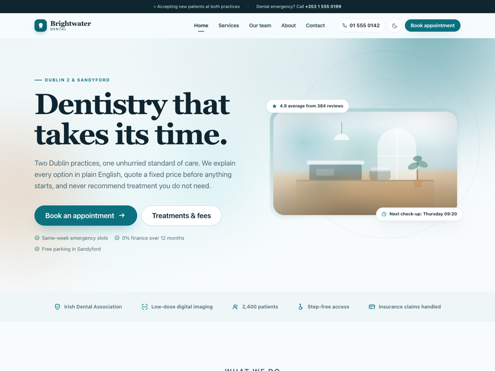 The Dental and Medical Clinic Kit landing page with a booking call to action, rendered in a browser.