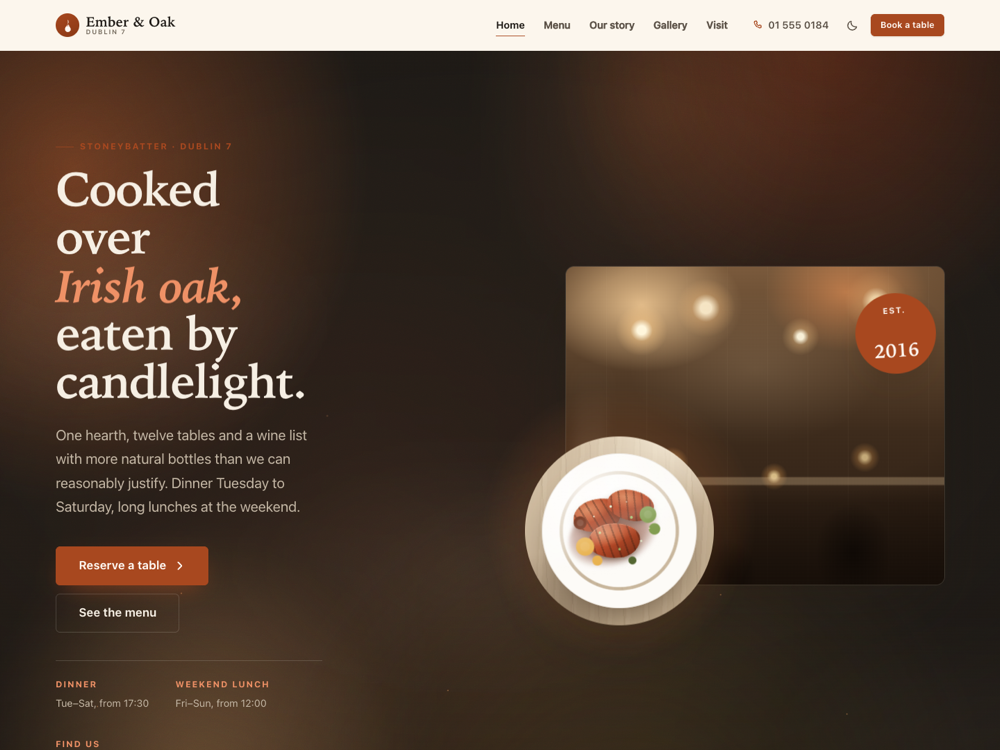The Restaurant and Café Kit landing page with a warm candlelit hero, rendered in a browser.