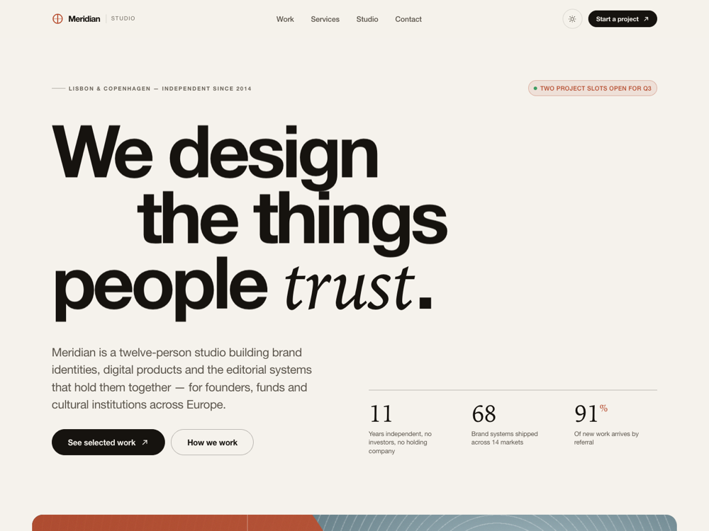 The Studio and Portfolio Kit landing page with a large editorial headline, rendered in a browser.